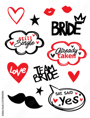 Wedding photo booth props isolated vector illustration on white background. Bride team party photo set for t-shirt print. Bachelorette party logo. Speach bridal props collection.