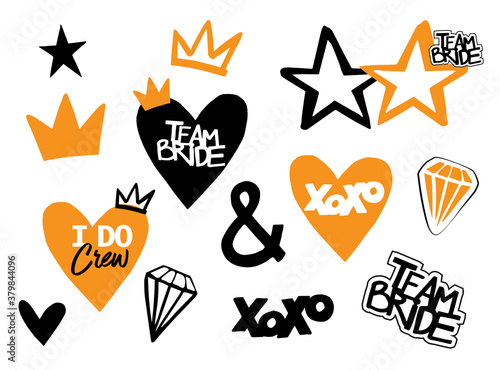Wedding golden photo booth props isolated vector illustration on white background. Bride team gold party photo set for t-shirt print. Bachelorette party logo. Speach bridal props collection.