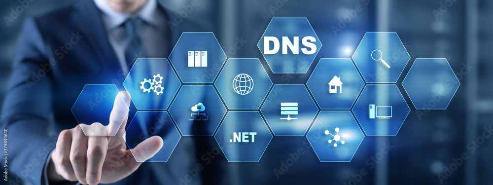 DNS concept businessman touching on virtual screen. - obrazy, fototapety, plakaty 