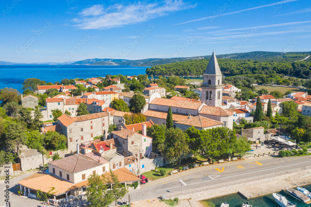 Historic town of Osor between islands Cres and Losinj, Croatia, aerial view from drone