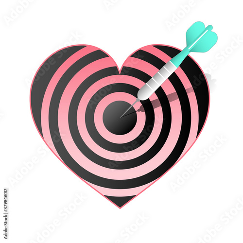 Dartboard with dart stabbing in the center inside heart shape as a gimmick of mind guessing. Guess right. Vector illustration outline flat design style.