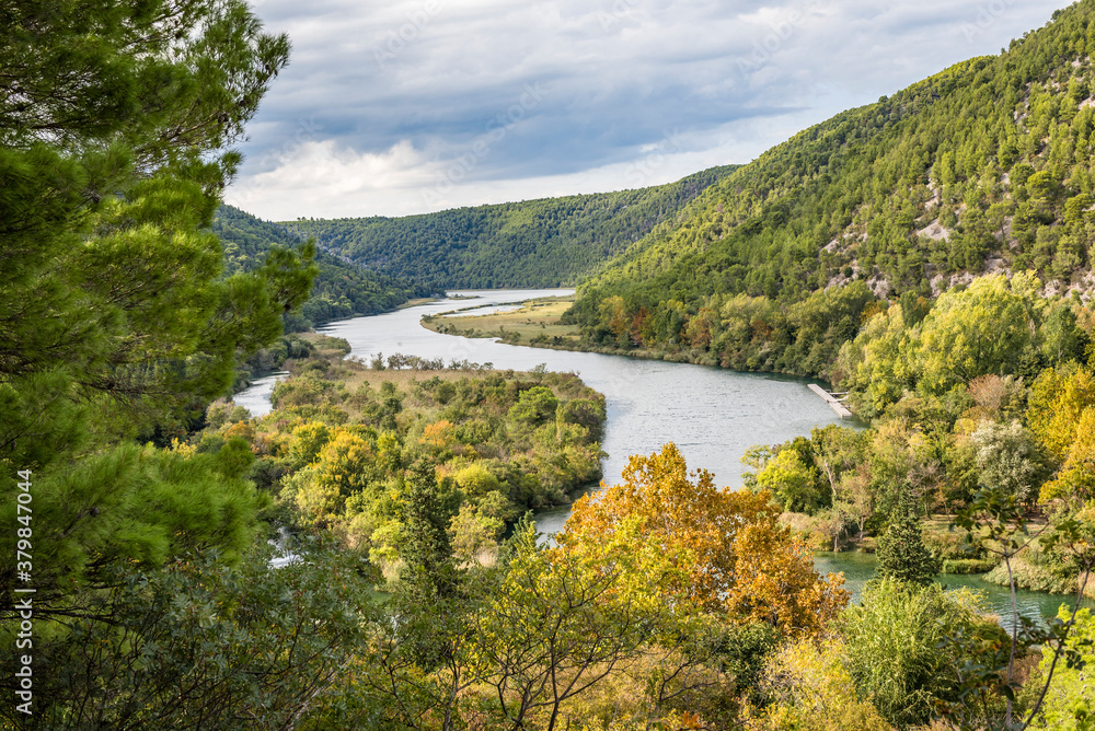 View of the mountains and the Krka river in the Croatian national park near the town of Skradin