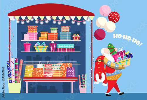 Vector illustration of Santa going from gift shop with lots of presents and christmas tree. Wrapping service. Gift boxes, gift pockets, wrapping paper, garlands and balloons.