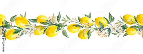Beautiful horizontal seamless pattern with watercolor yellow lemon fruits, leaves and flowers. Stock illustrations,.