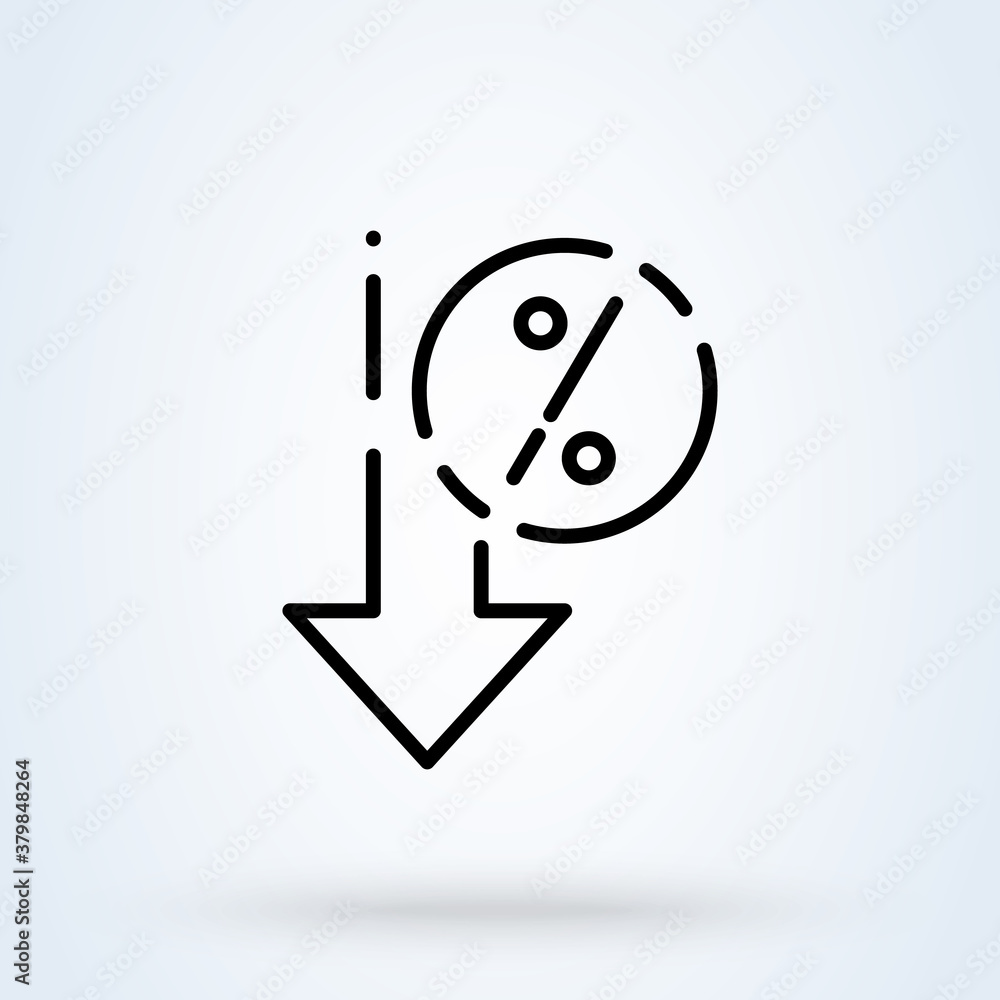 Percent down sign line icon or logo. interest rate reduction or percent down concept. Down arrow discounts linear illustration. Percent down sign line icon or logo. interest rate reduction or percent down concept. Down arrow discounts linear illustration.
