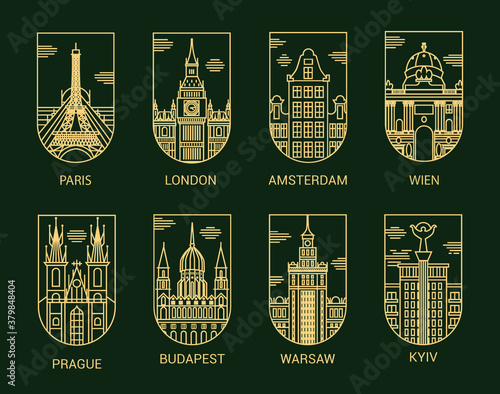 Pictograms collection of European capitals. Paris, London, Amsterdam, Wien, Prague, Budapest, Warsaw, Kiev. Clipart. Tourism.