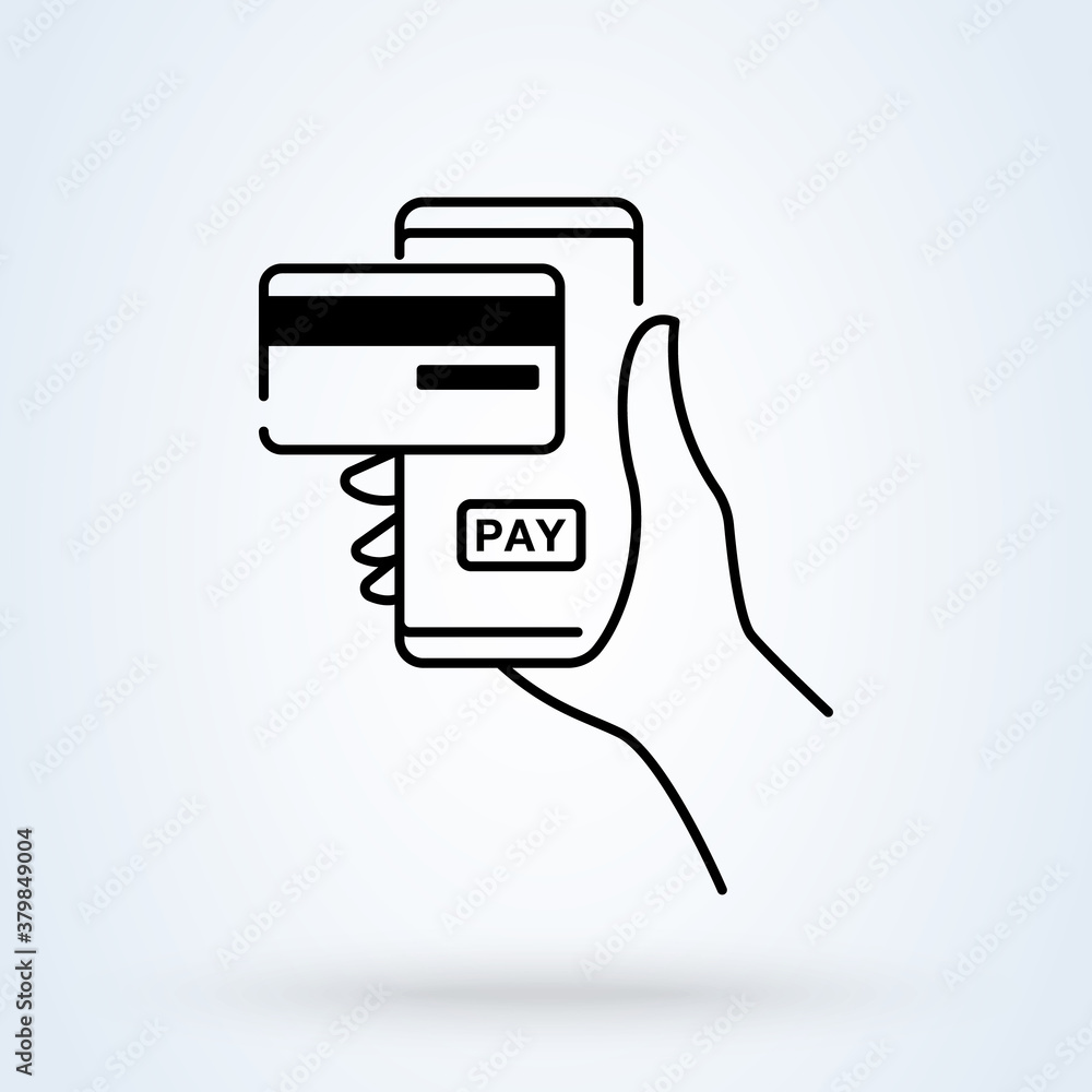 Pay by credit card via electronic wallet wirelessly on phone sign line icon or logo. mobile banking app and e-payment concept. Hand with smartphone online banking linear illustration. Pay by credit card via electronic wallet wirelessly on phone sign line icon or logo. mobile banking app and e-payment concept. Hand with smartphone online banking linear illustration.