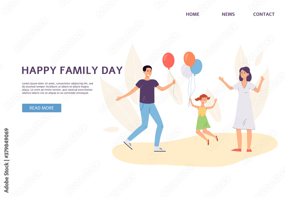 Family with colorful balloons - website banner with happy people celebrating