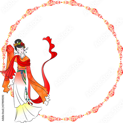 vector Ancient Chinese Lady Figure with circle border frame 