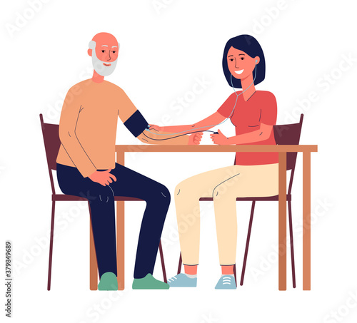 Voluntary social support of seniors ar home, flat vector illustration isolated.