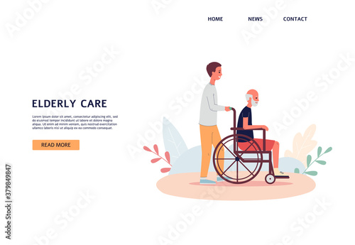Elderly care service website, cartoon banner with senior man in wheelchair