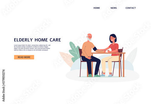 Elderly home care website banner with social worker, flat vector illustration.