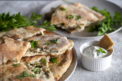 Khachapuri with cottage cheese and sour cream with green parsley on the plate. Top view