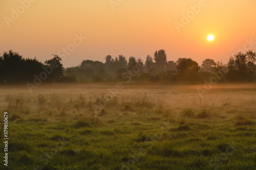 Sun rising over a grassy field in the Weelsby Woods area of Grimsby, North East Lincolnshire, England, United Kingdom photo