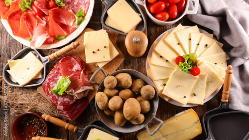 Photography raclette cheese with ham and potato ingredient