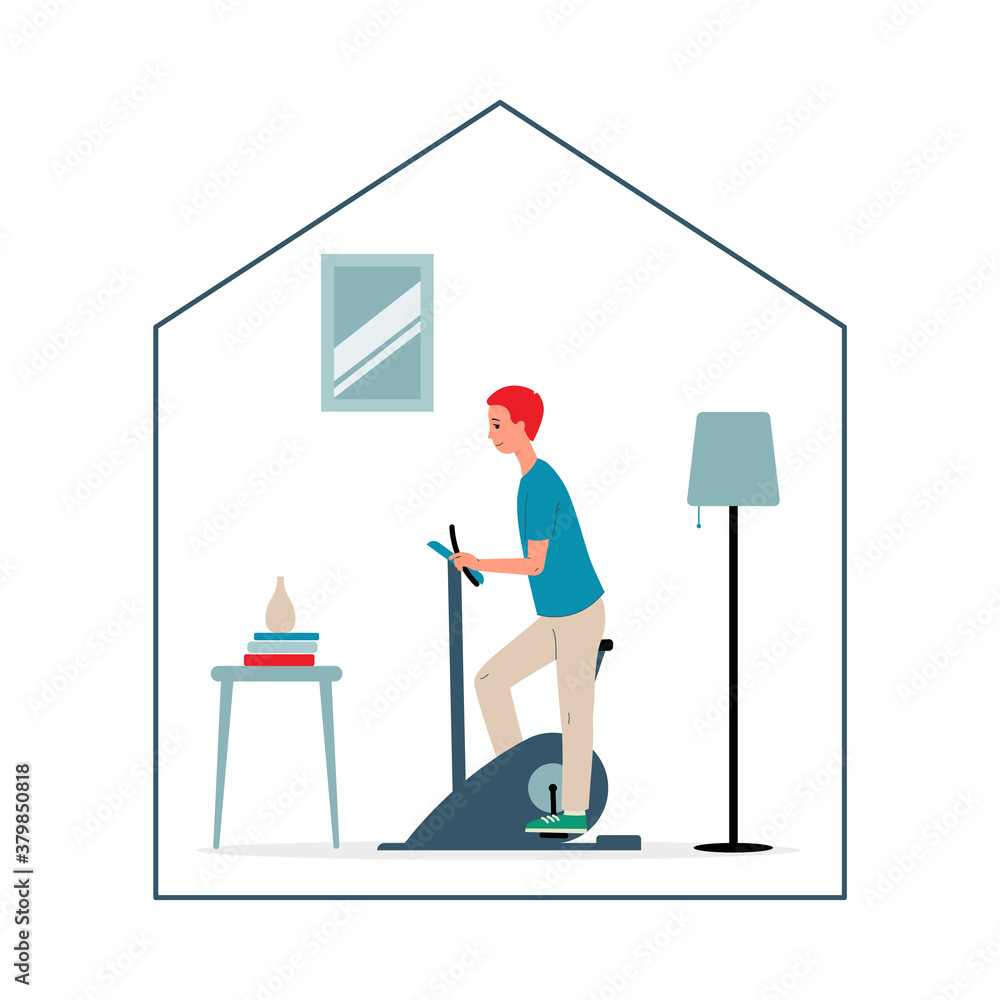 Man exercising at home with trainer bike, flat vector illustration isolated.
