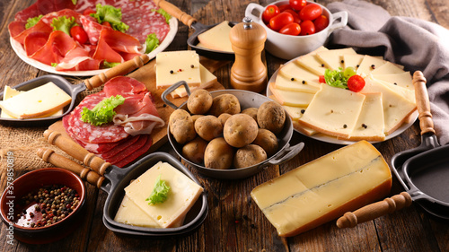 Photography raclette cheese with ham and potato ingredient