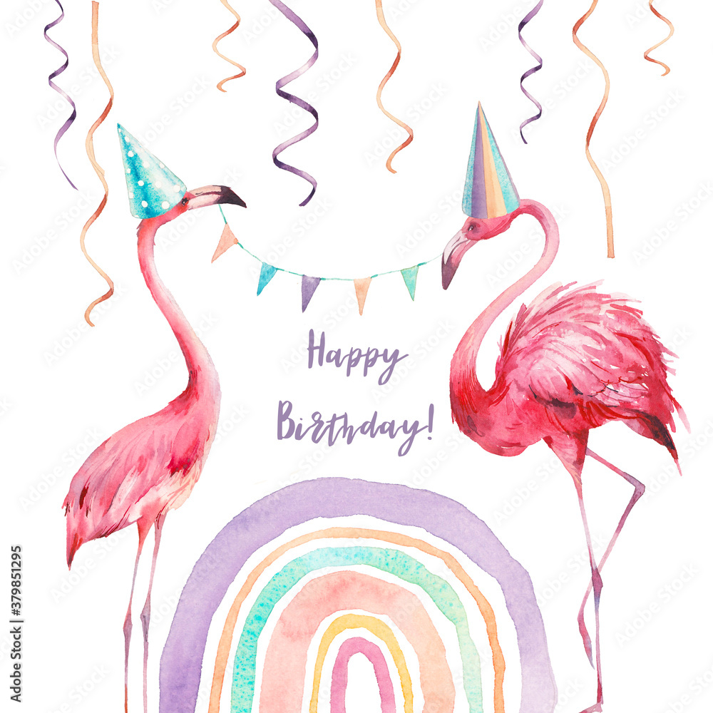 Obraz premium Watercolor flamingo party card. Happy birthday design with flamingos, rainbow, party cone, confetti, garland. Festive watercolors isolated on white background.