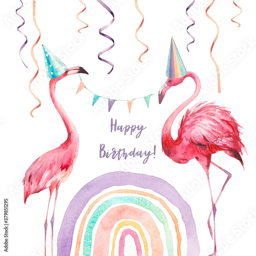 Canvas Print Watercolor flamingo party card