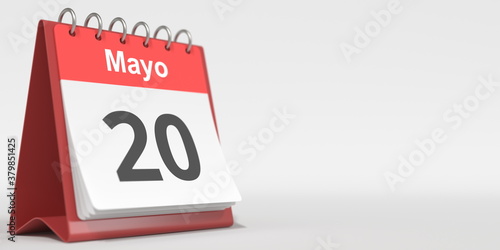 May 20 date written in Spanish on the flip calendar, 3d rendering