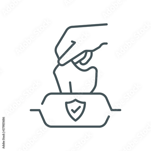 Hand pulling wet tissue thin line icon, wash and hygiene, hand tissues sign, vector graphics, a linear pattern on a white background, eps 10