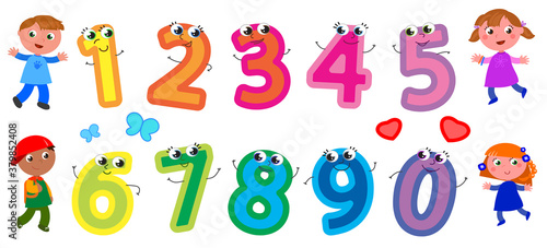 Cute cartoon numbers with smiling faces and happy children, vector illustration