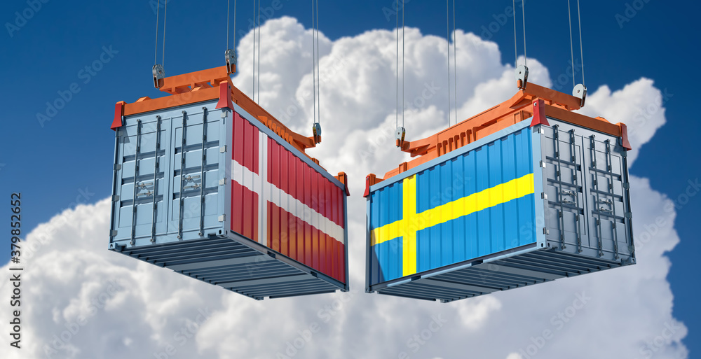 Freight containers with Denmark and Sweden flag. 3D Rendering 