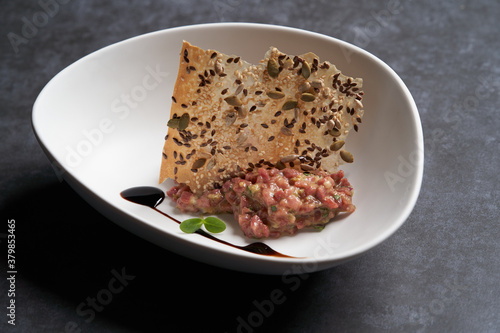 Fresh beef tartar  with whole grain chips
