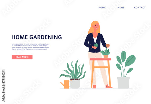 Home gardening webpage with woman taking care of plants flat vector illustration.
