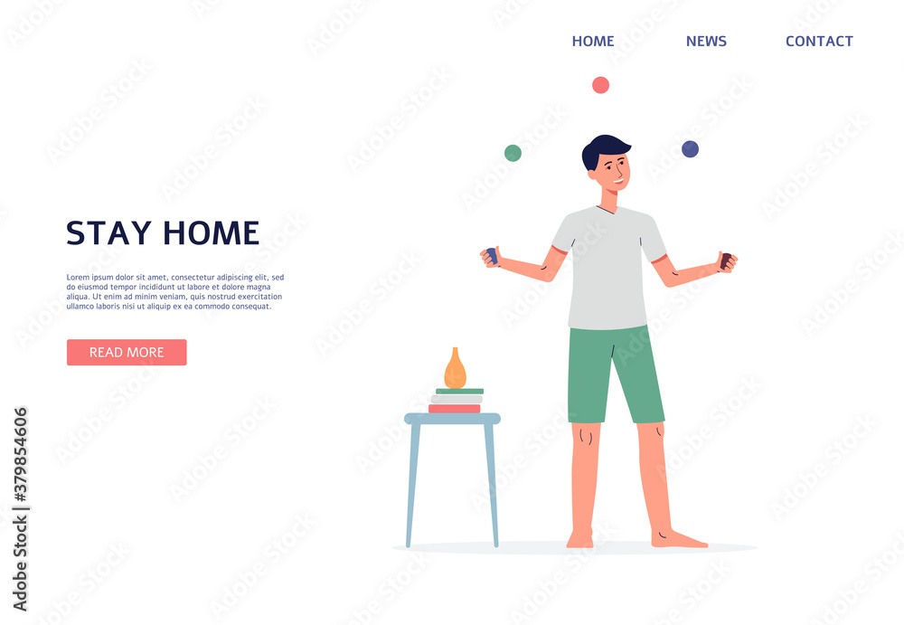 Stay home web banner template with juggling man, flat vector illustration. Stay home web banner template with juggling man, flat vector illustration.