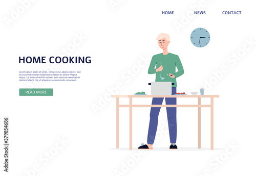 Home cooking website page with man preparing food , flat vector illustration.