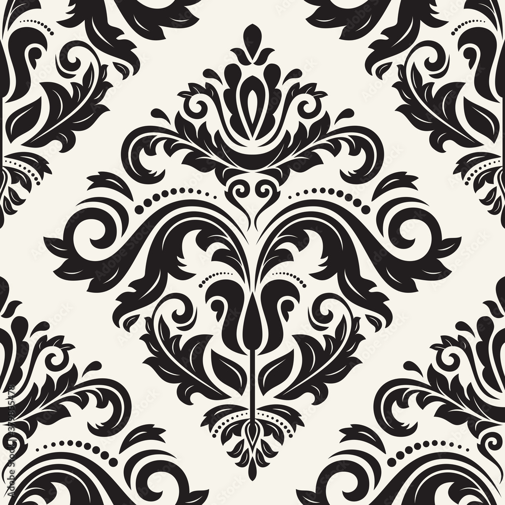 Classic seamless pattern. Damask orient light beigeand black ornament. Classic vintage background. Orient ornament for fabric, wallpaper and packaging