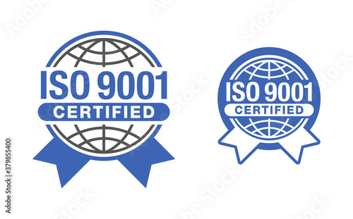 ISO 9001 certified stamp - international quality management system circular sign - isolated vector emblem with globe and ribbon
