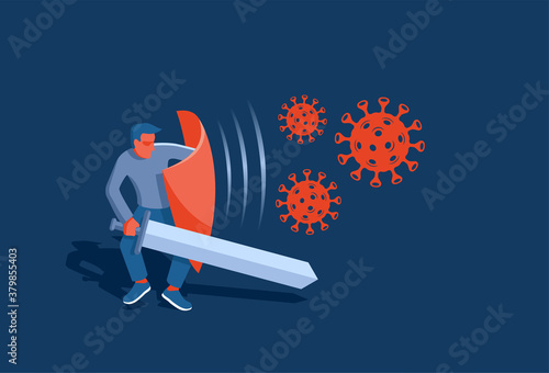 COVID-19 outbreak against coronavirus concept - brave man with shield and sword fight against virus or bacterie - vector illustration