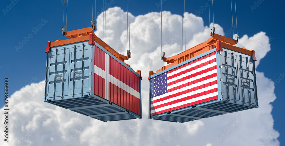 Freight containers with Denmark and USA flag. 3D Rendering 