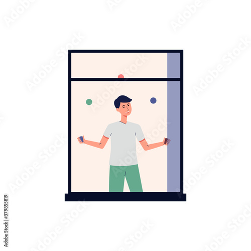 Man character juggles in frame of window flat vector illustration isolated.