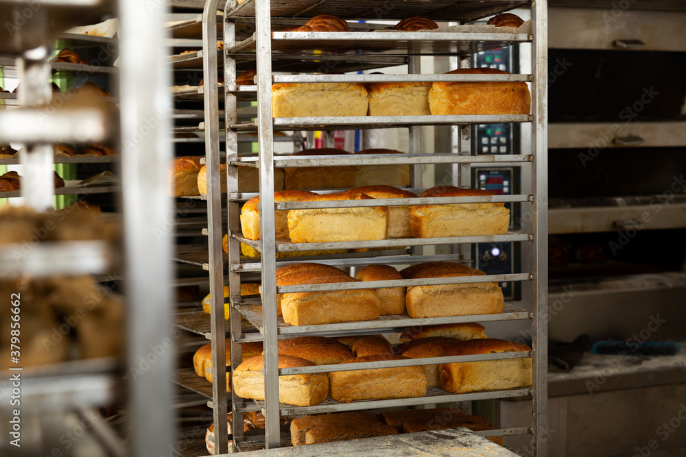 View of rack trolley with various baked bread and pastry products in bakery..
