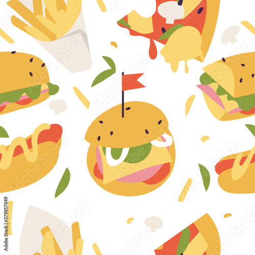 Vector illustration set of colorful cartoon fast food icons. Seamless pattern with junk food.