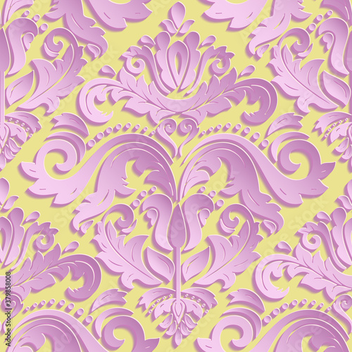 Seamless oriental ornament. Pink traditional oriental pattern with 3D elements, shadows and highlights