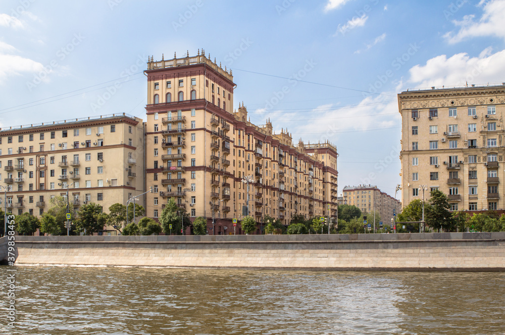 Traditional Moscow building on waterfront of Moscow River