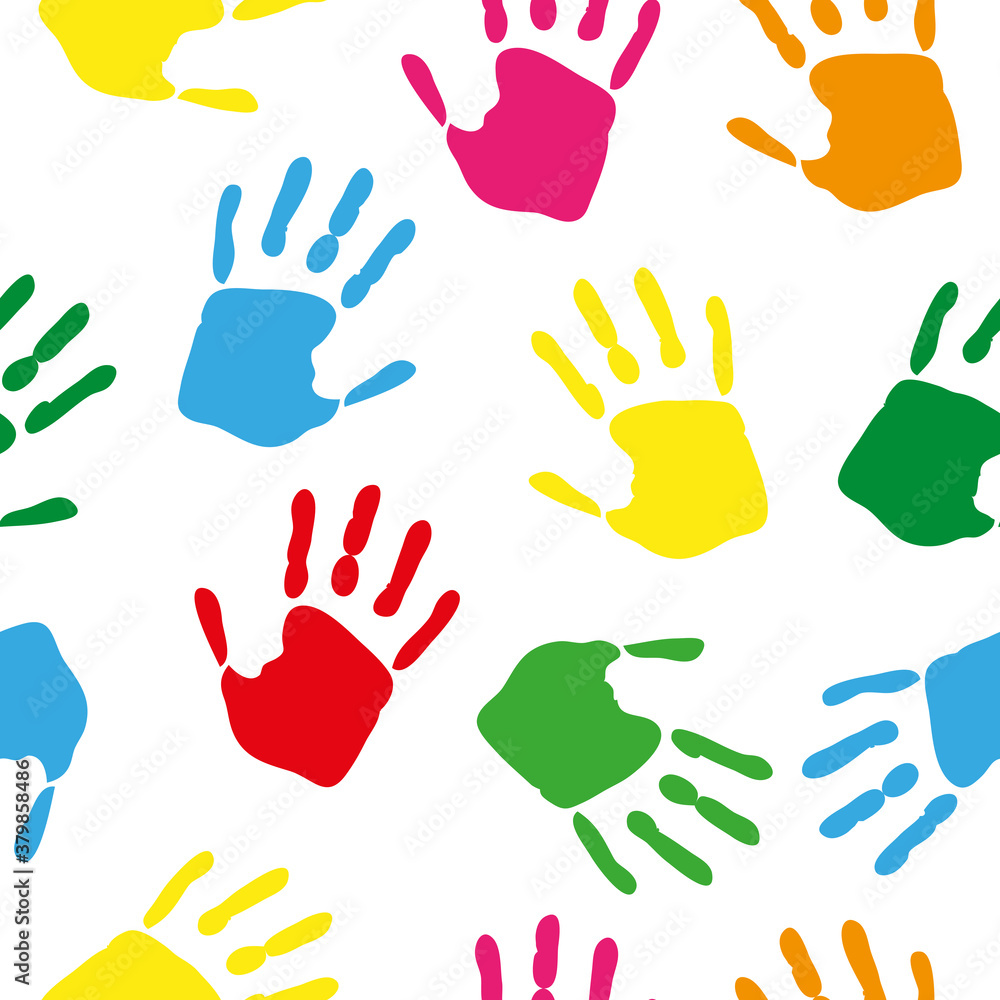 Seamless pattern with rainbow colored hand prints on white background. Vector illustration.