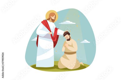 Religion, bible, chistianity concept. Jesus Christ son of God biblical religious charcter consolling blessing praying man follower disciple. Divine support and help and love of Lord illustration.