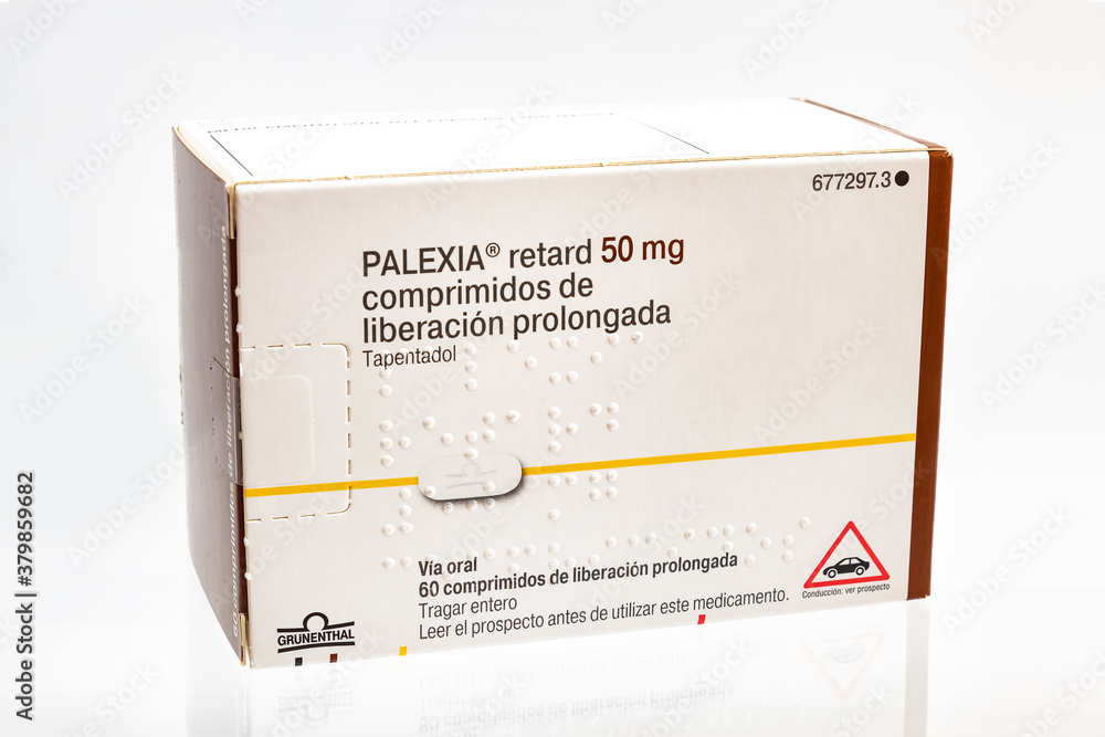 Huelva, Spain September 23,2020 Spanish Box of Tapentadol, brand