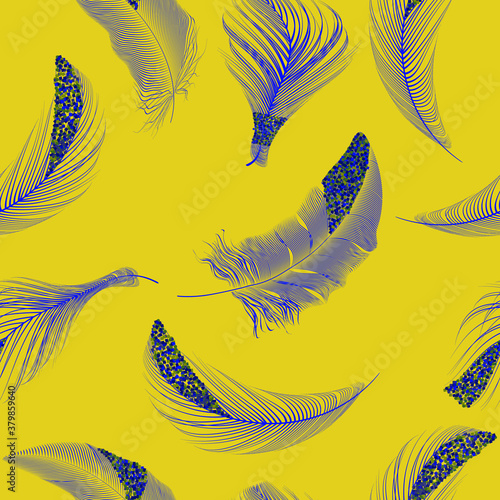 Seamless pattern with gold and silver feathers of bird.