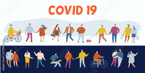 People and wearing Face Mask Fight Against Covid-19, Coronavirus Disease, Health Care. Flat Vector illustration. 