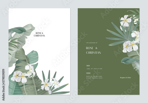 Floral wedding invitation card template design, plumeria flowers with various tropical leaves