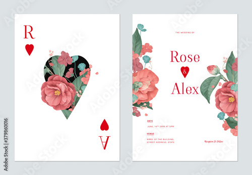 Floral wedding invitation card template design, red Semi-double Camellia and various red flowers with leaves on white