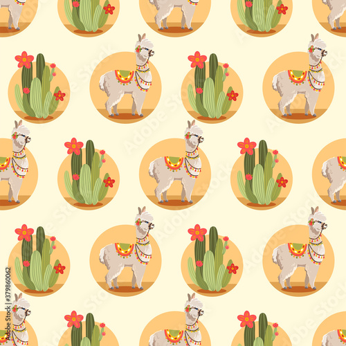 Illustration with alpaca and cactus plants. Vector seamless pattern on white background. Llama.