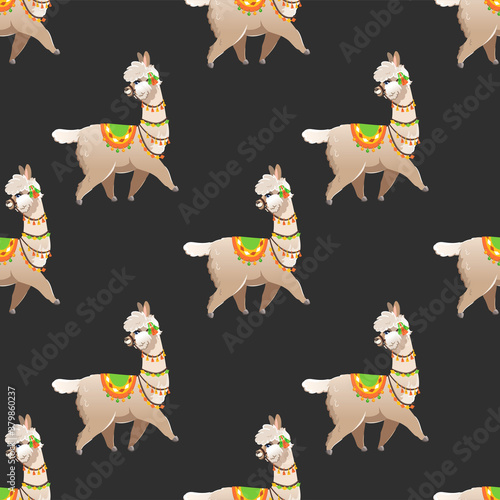 Illustration with alpaca and cactus plants. Vector seamless pattern with Llama.