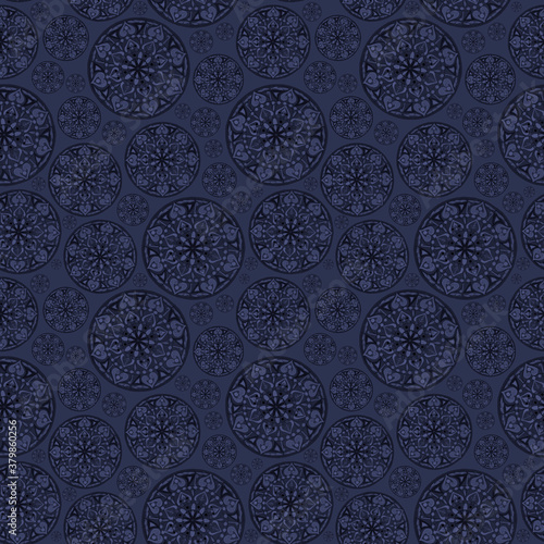 Seamless dark blue pattern with fragments of mandalas